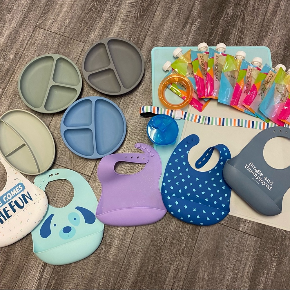 Baby Feeding Set Lot - Plates, Bibs, Placemat, Food Pouches